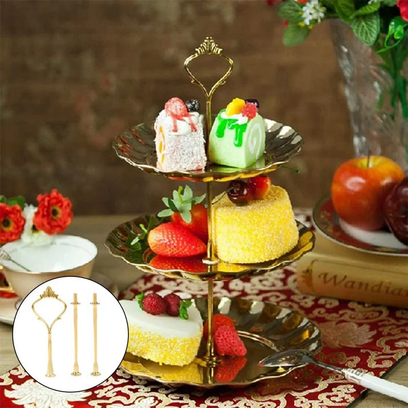 4 Set of 3 Tier Cake Plate Stand Handle Hardware, 2 Styles Tiered Fruit Cake Plate Handle Cake Tray Stand, Gold-A13G view 5