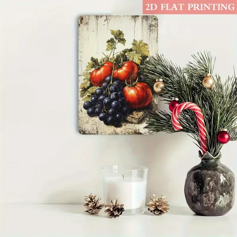 Vintage Tomato and Grape Tin Art - Retro Fruit Metal Wall Decor for Kitchen and Dining Room, Farmhouse Style Decoration
