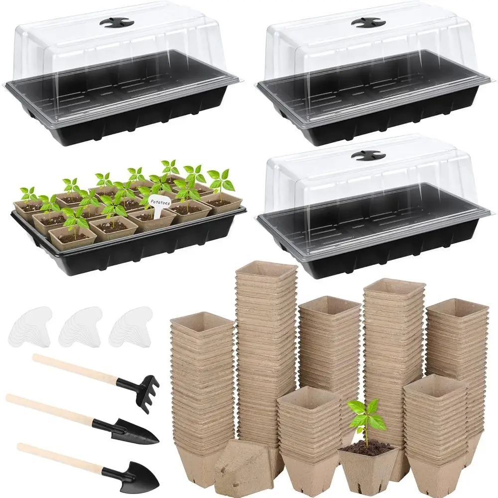 4 Pack Seed Starter Tray Kit, 120 Square Peat Pots with Labels, Planting Tools, Plastic Germination Trays for Indoor Outdoor Gar