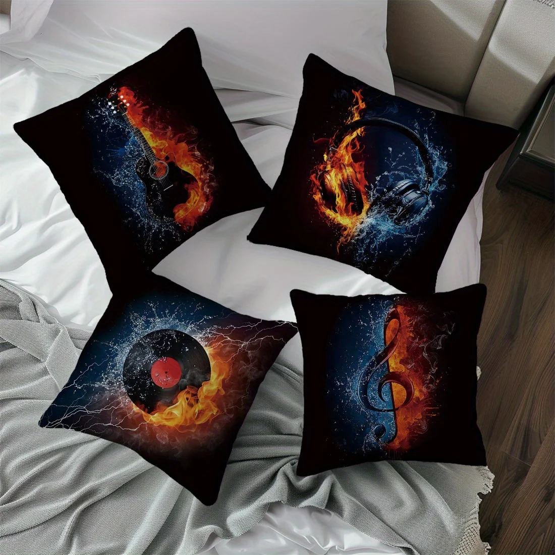 

4pcs Fashionable modern music pattern double-sided Printed Short plush Suitable living rooms bedrooms sofas zippered closure