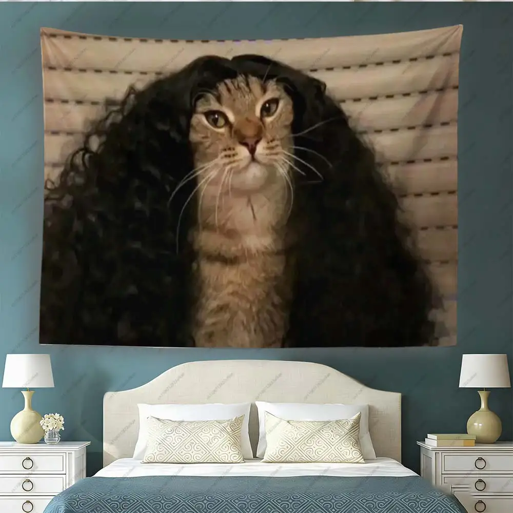 Funny Curly C-Cucurella Wig Cat Tapestry Meme Cat Wall Hanging Bedroom Dorm Aesthetic Decor Gift