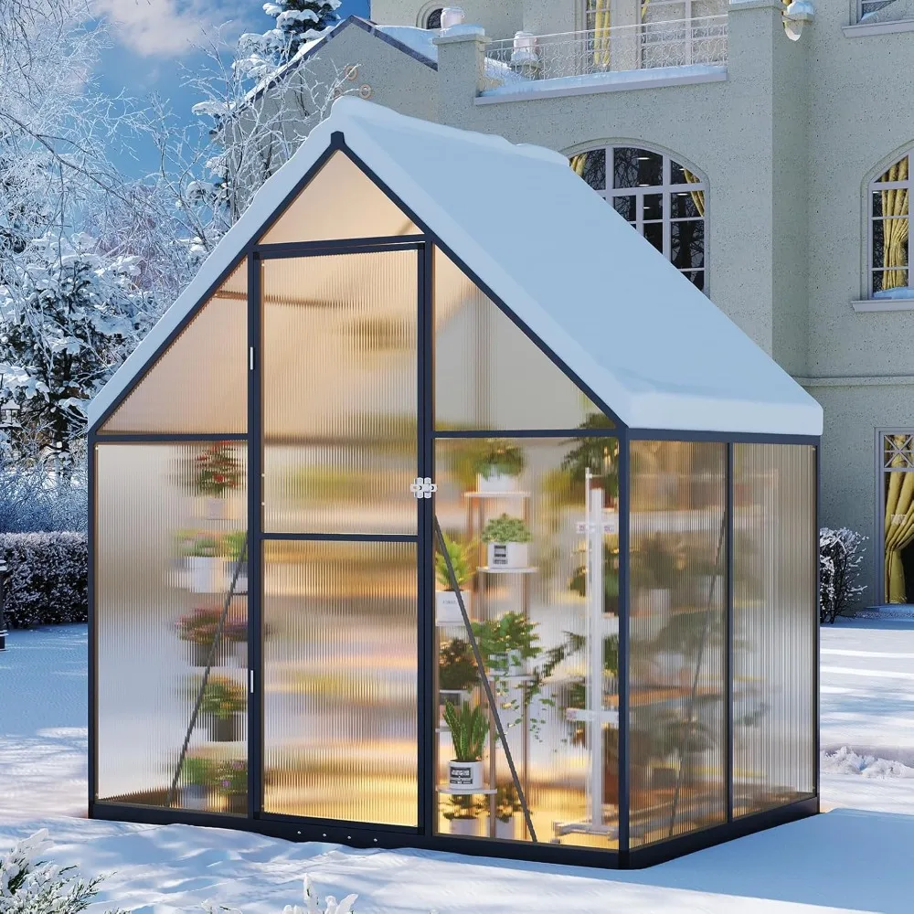 

4x6 FT Outdoor Greenhouse, Polycarbonate Greenhouse with Aluminum Frame, Walk-in Green House with Roof Vent, Ground Nails,