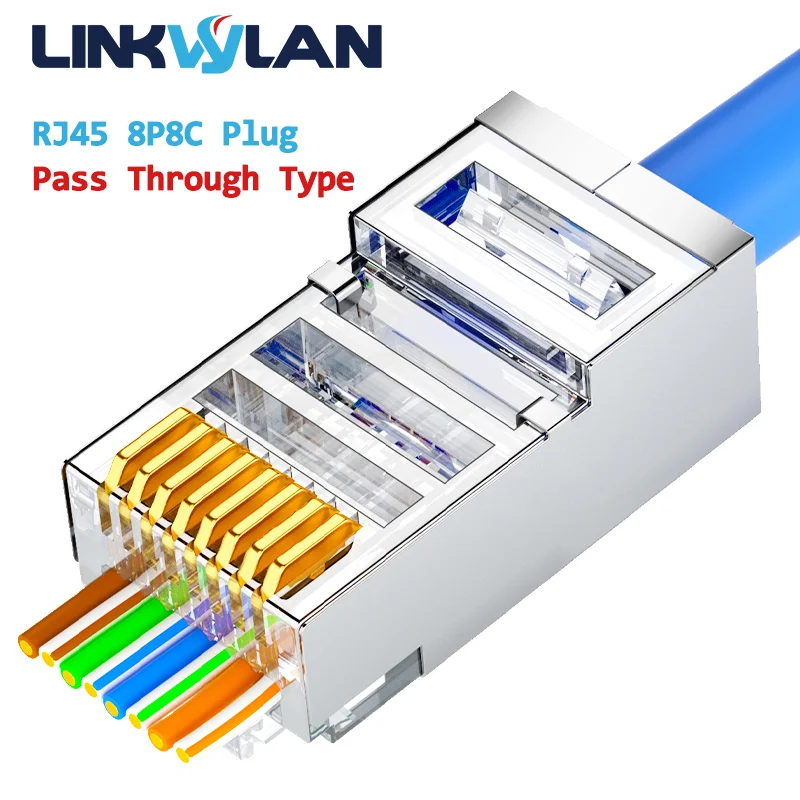 Linkwylan CAT7 Cat6 Cat5e Pass Through RJ45 Modular Plug Network Connectors UTP STP 1.1/1.3/1.5mm Holes For Solid Stranded Wires