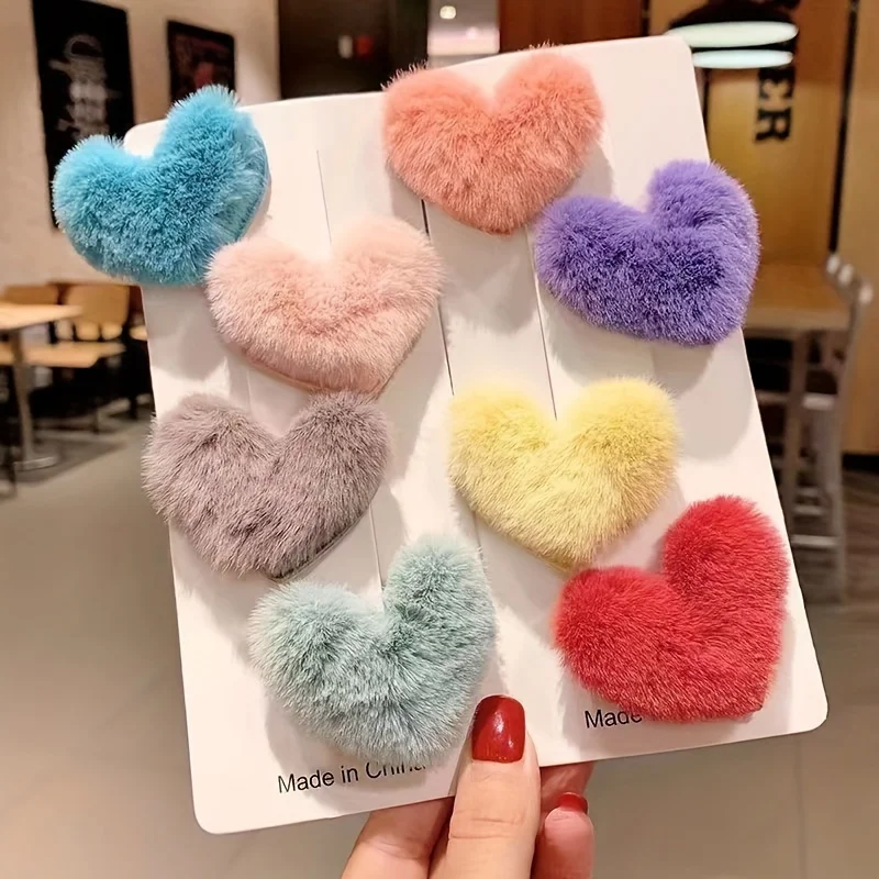 8 cute plush heart-shaped hair clips, sweet headwear accessories, suitable for ladies in autumn and winter