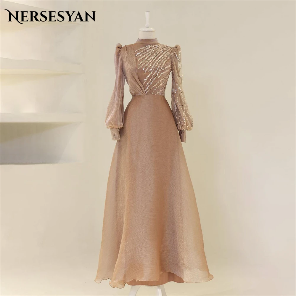 Nersesyan Muslim Glitter Formal Evening Dresses High Neck A-Line Sparkly Lantern Sleeves Prom Dress Beading Wedding Party Gowns