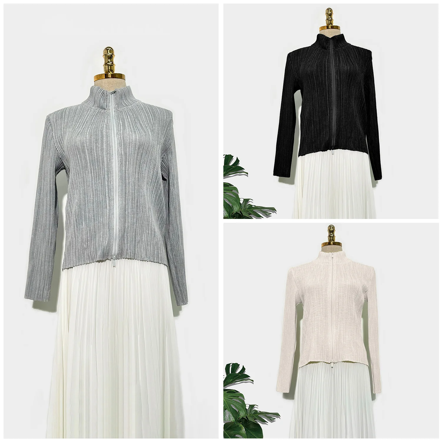 

Miyake Pleats 2025 Spring/Autumn New Collection Women's Premium Double-Zip Solid-Colour Stand Collar Commuter Short Jacket