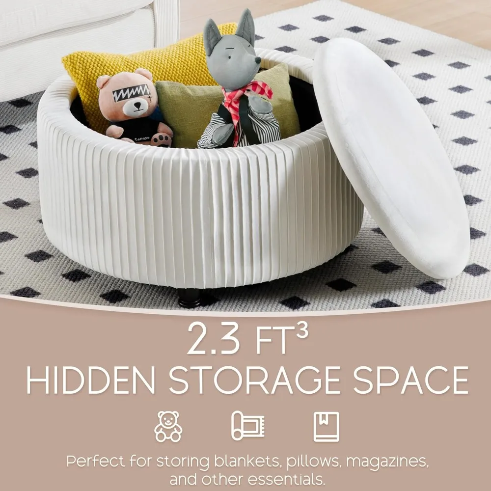 مسند تخزين دائري مخملي مقاس 30 بوصة، طاولة قهوة حديثة ذات ثنيات دائرية مع سطح قابل للإزالة، قدم عثمانية منجدة