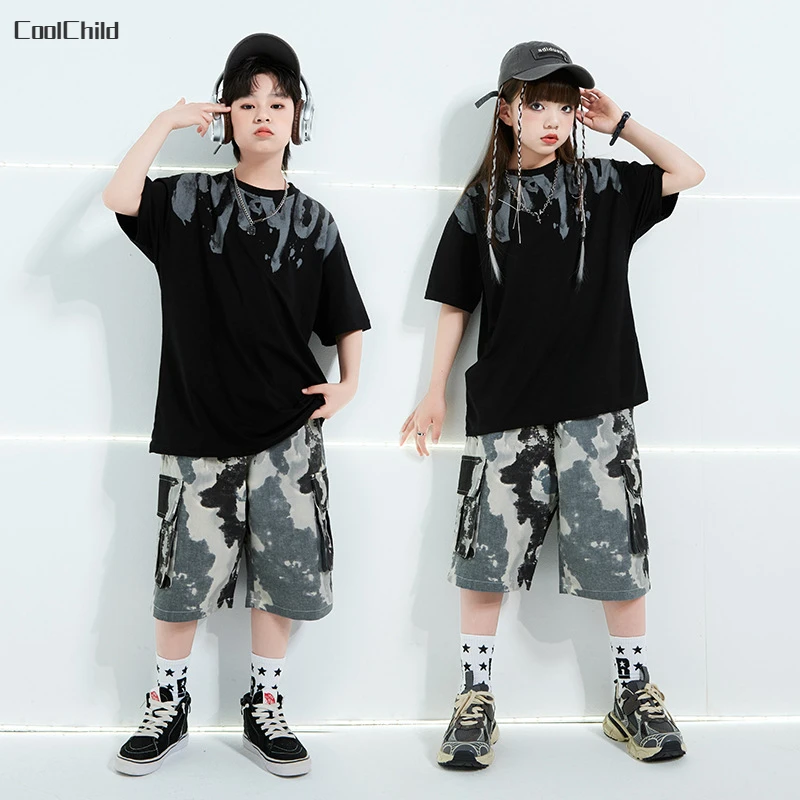 

Boys Fashion T-shirt Street Dance Camouflage Cargo Shorts Girls Streetwear Kids Hip Hop Summer Clothes Sets Child Jazz Costumes