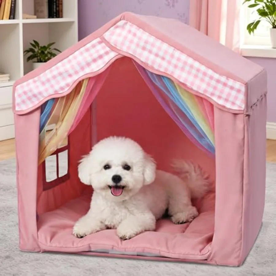 

Cute Indoor Dog House for Small Dogs, Princess Dog House Indoor Outdoor, Pink DogTent Bed, Small Dog Tent with Soft Cushion for
