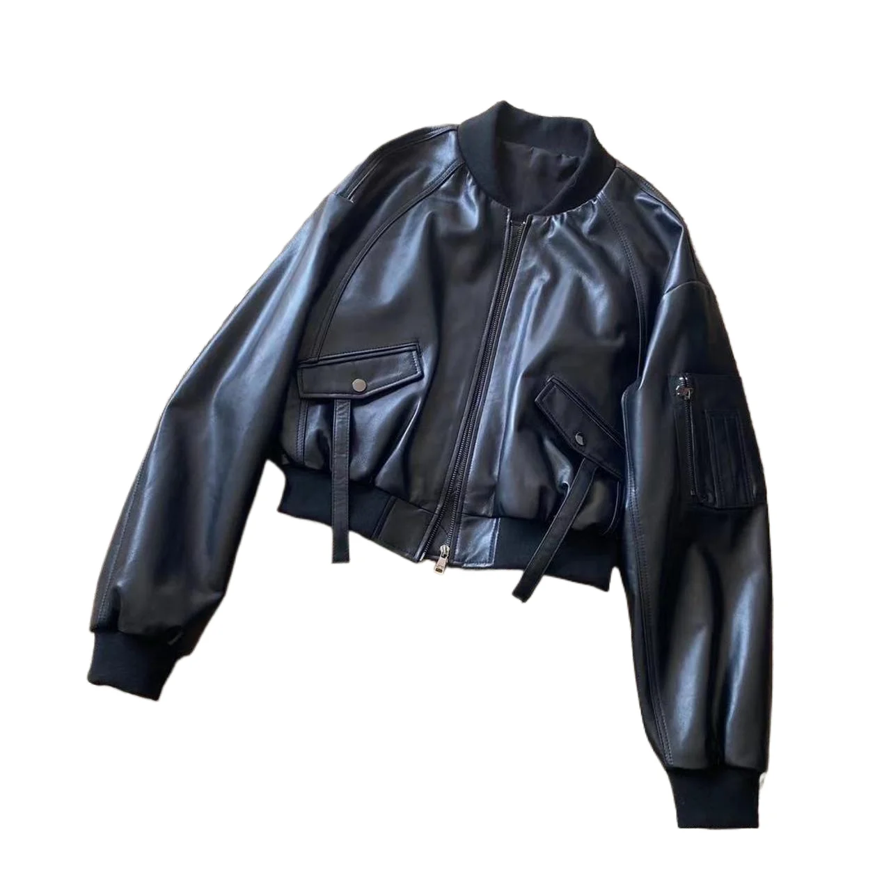 Spring 2024 Women's ort Loose Batwing Sve Stand Collar Leather Jaet White eepskin Baseball Sle Outerwear Coat