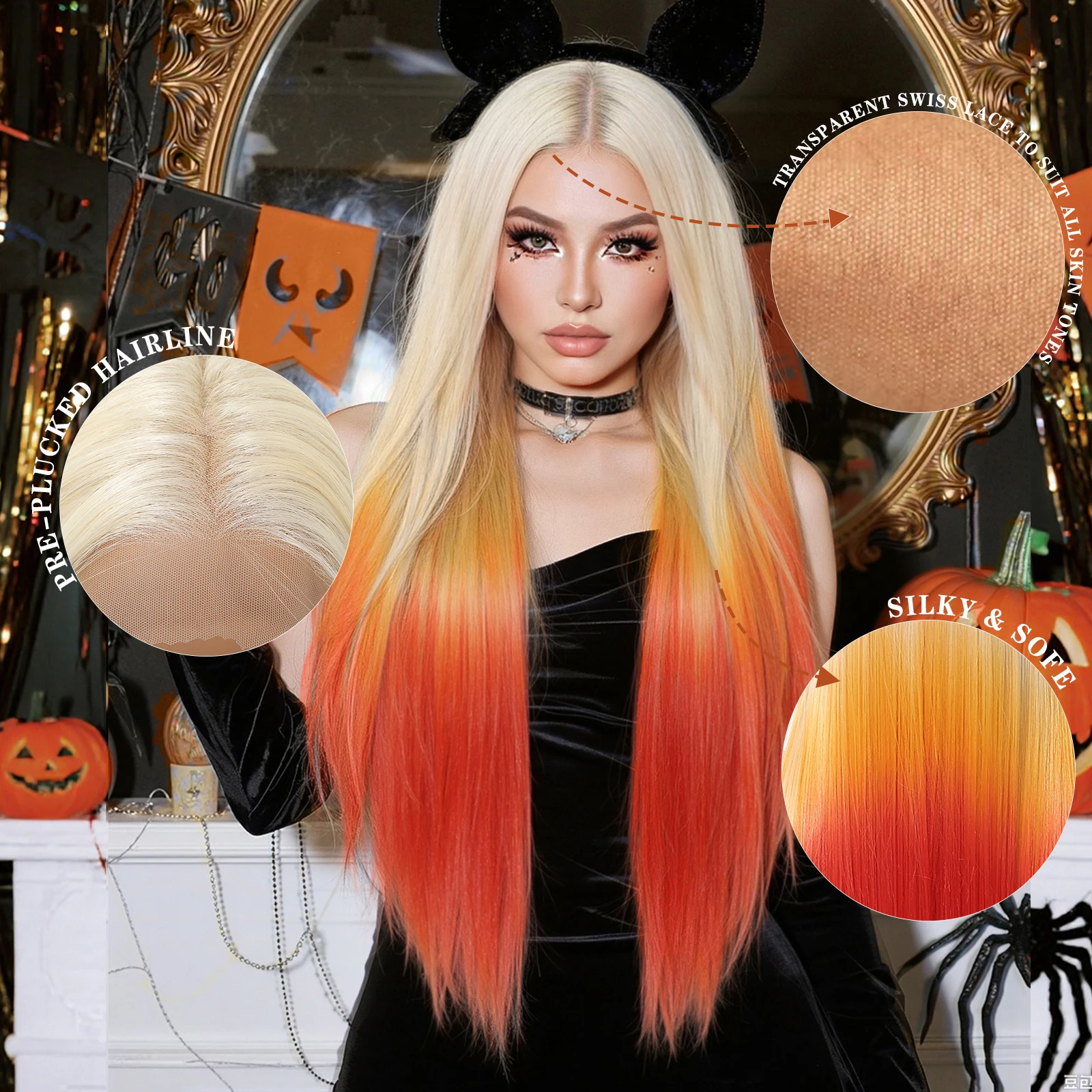 

DWY Ombre Blonde to Yellow Red Косплей Волосы Хэллоуин Синтетические парики для женщин Длинные прямые 30-дюймовые кружевные парики Парик из натуральных волос