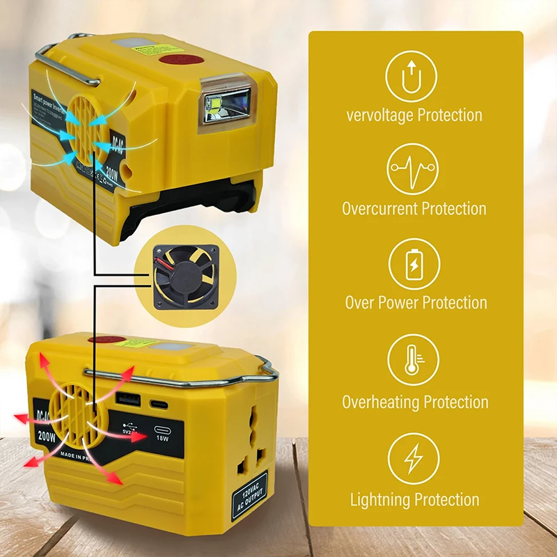 Inversor portátil 200W para baterías Makita/DeWalt 18V con luz LED - imagen 4