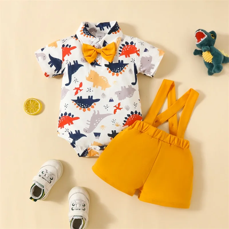 

Infant Boy Summer Gentlemen Outfit 2pcs Dinosaur Print Short Sleeve Romper Lapel Bow Tie Bodysuit Suspender Shorts