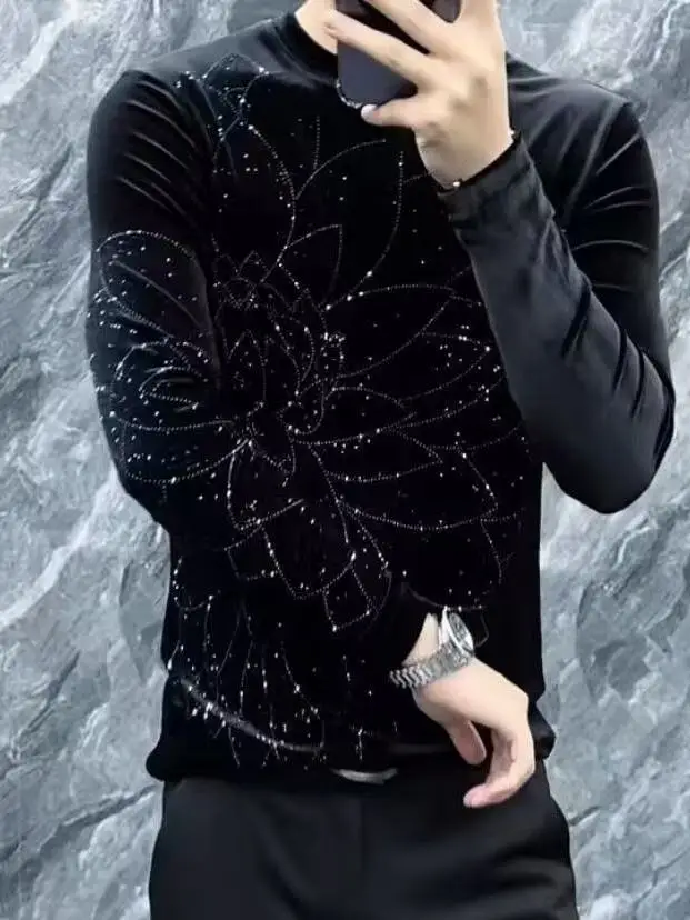 

Высококачественная мужская футболка с длинным рукавом, новинка весеннего сезона, повседневный стиль, с цветочным принтом и стразами, удобная посадка, молодежный тренд