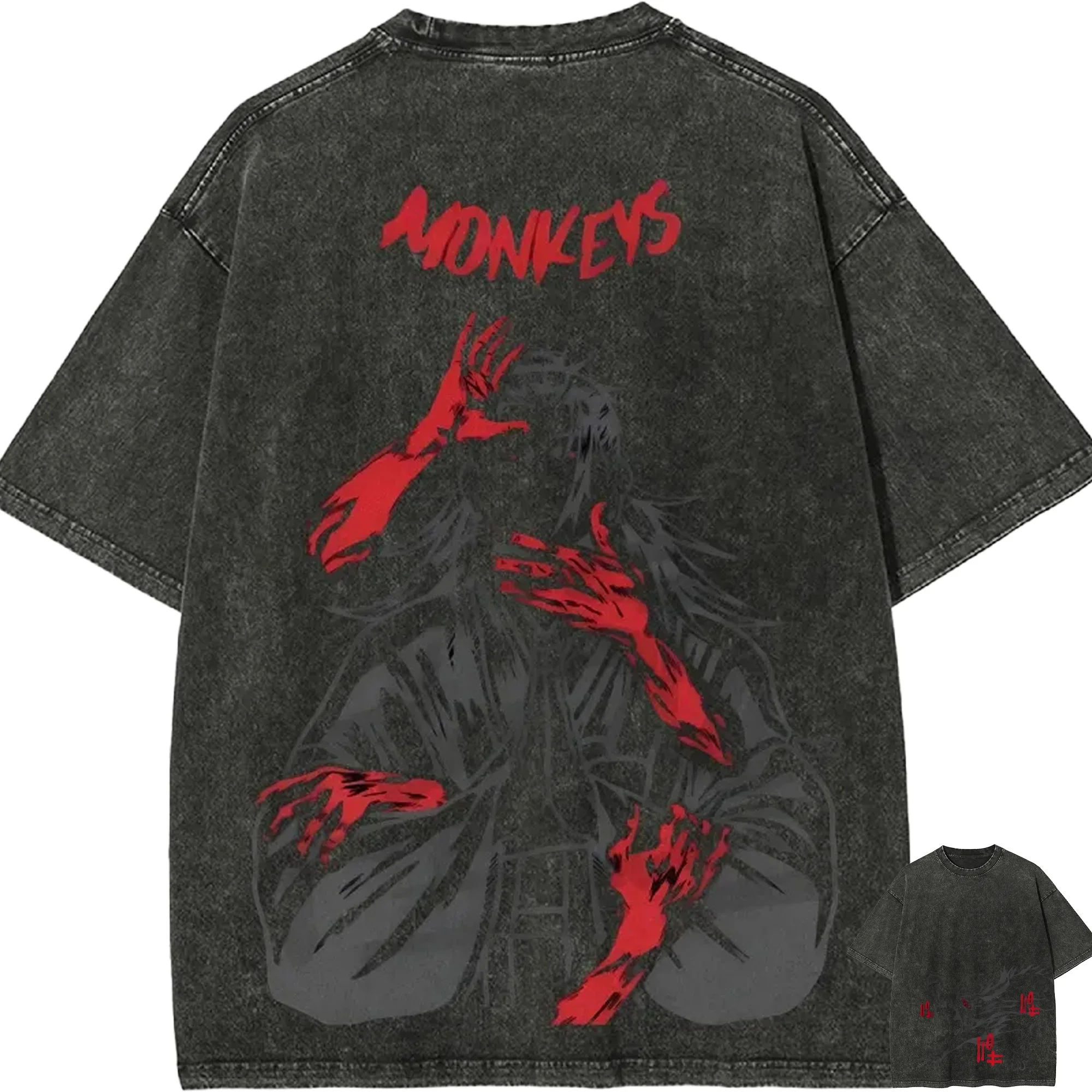 Suguru Geto Monkeys T-Shirt Jujutsu Kaisen Anime Herren Vintage Acid Wash Übergroßes Baumwoll-Streetwear Dunkles Grafik-T-Shirt 2026