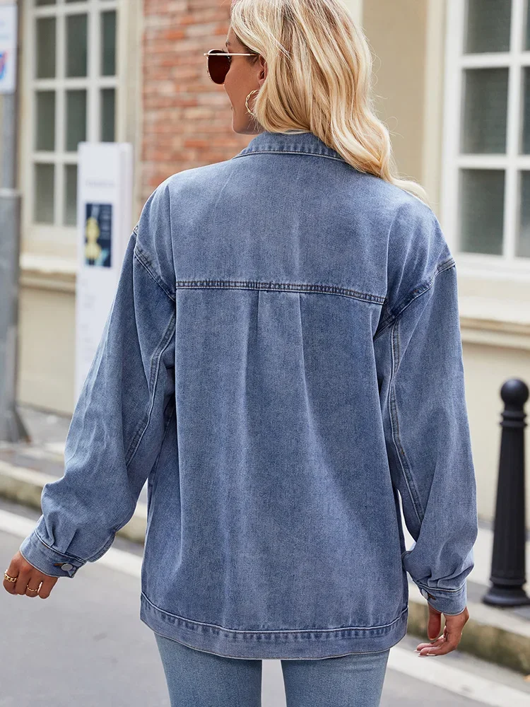 Single Breasted Oversized Denim Jacket Women Spring Fall Vintage Washed Casual Jean Coat Loose Outwear with Pockets