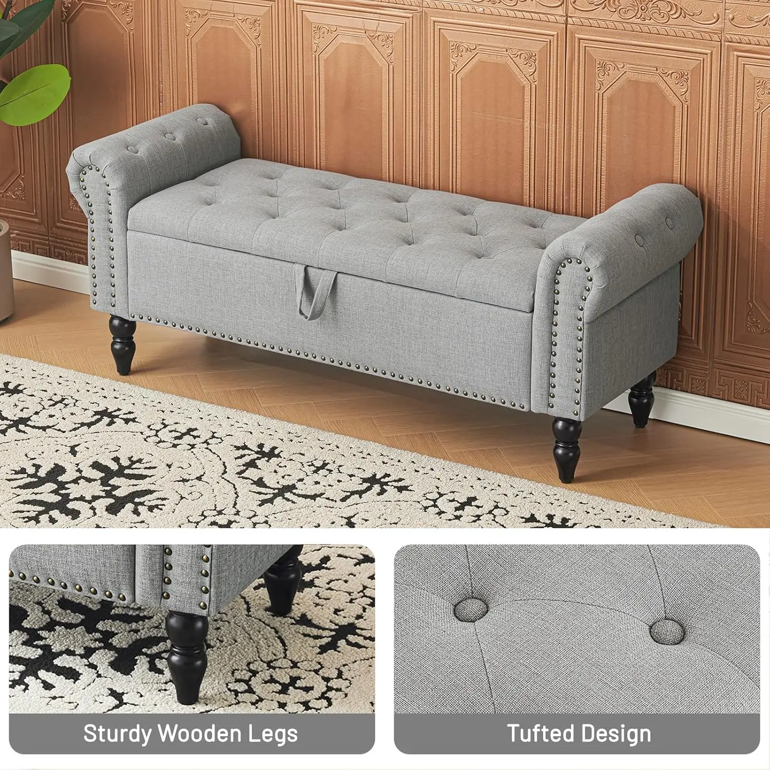 51” Bedroom Bench, End of Bed Bench with Button-Tufted Large Upholstered Storage Bench Ottoman Linen Window Bench with Storage S