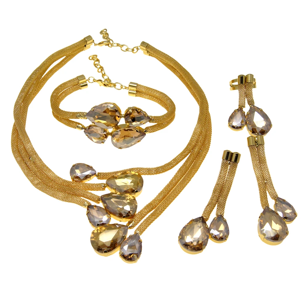 

New luxury African bride jewelry four-piece set, classic gilded exaggerated teardrop gemstone jewelry for socialites' gathering