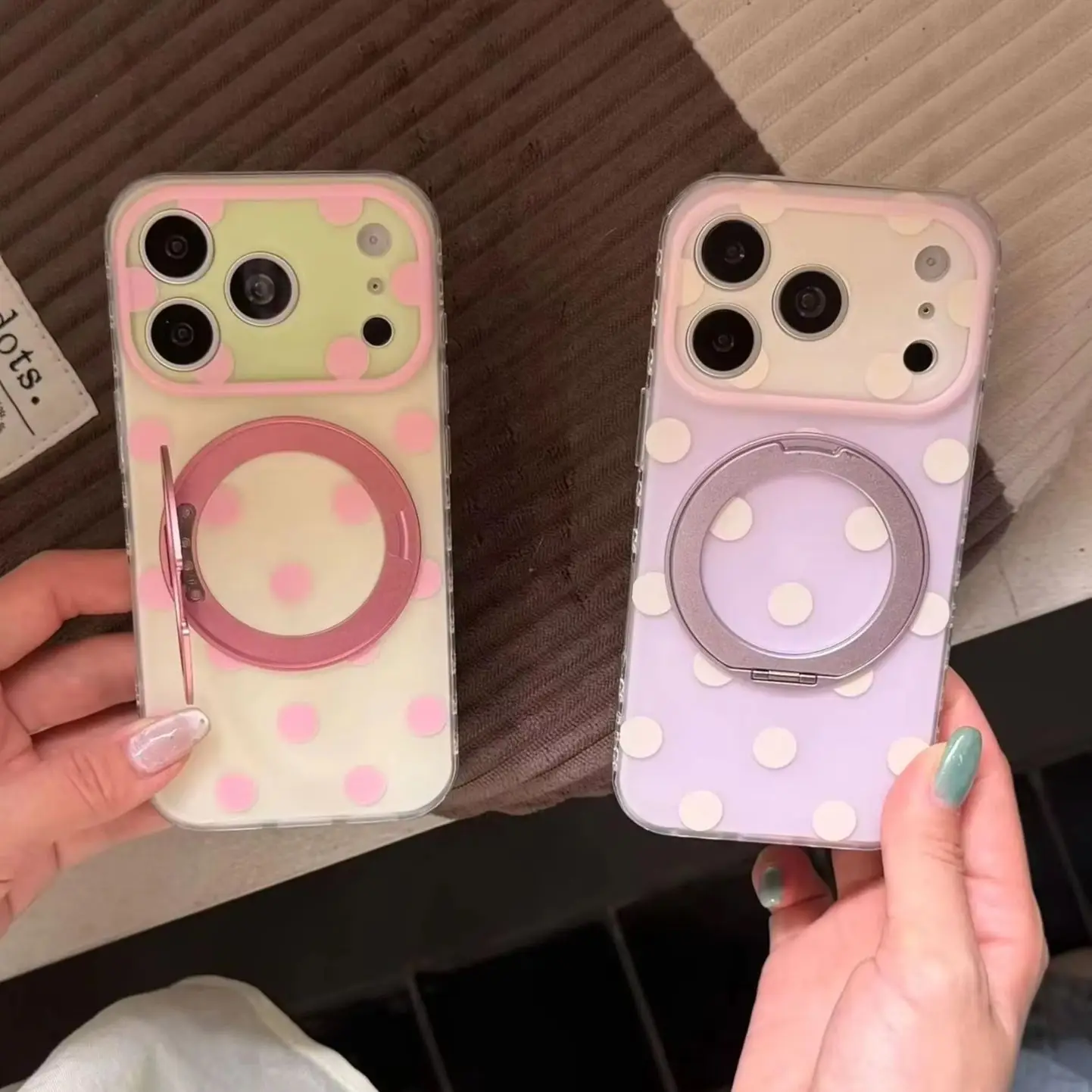 Fashion White Pink Blue Polka Dots Pattern White Purple Matte Cover Case For iPhone 17 16 15 Pro Max with 360° Rotation Holder view 3