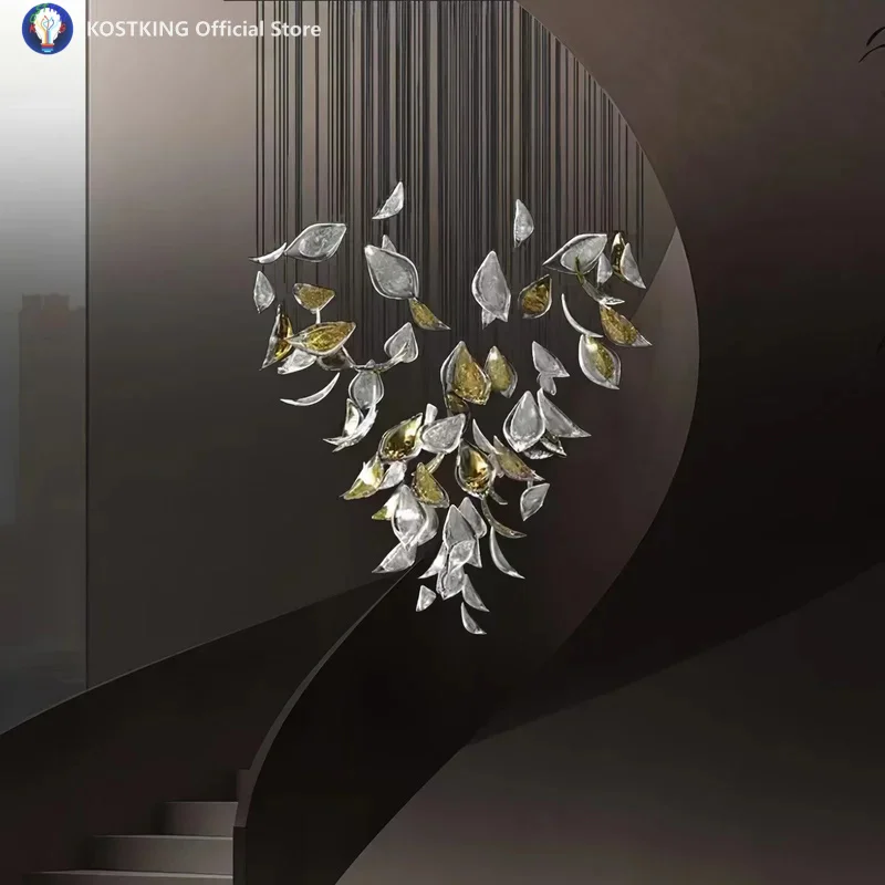 Project Custom Chandelier Powder Golden Floating Glass Leaf Art Chandelier Lightings for Hotel Villa Restaurants