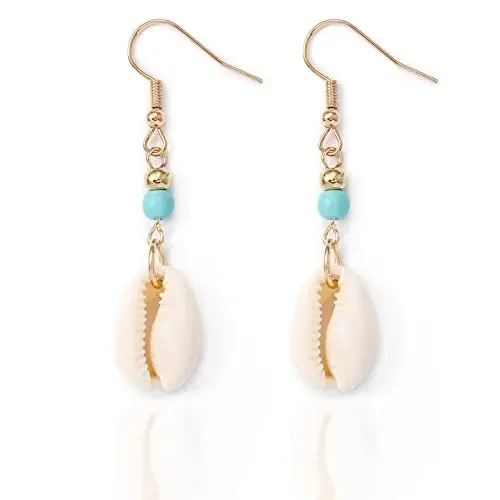 Fashion Gold Beads Turquoise Drop Earrings White Shell Dangle Earrings for Women Seaside Vacation Beach Party Jewelry Gift