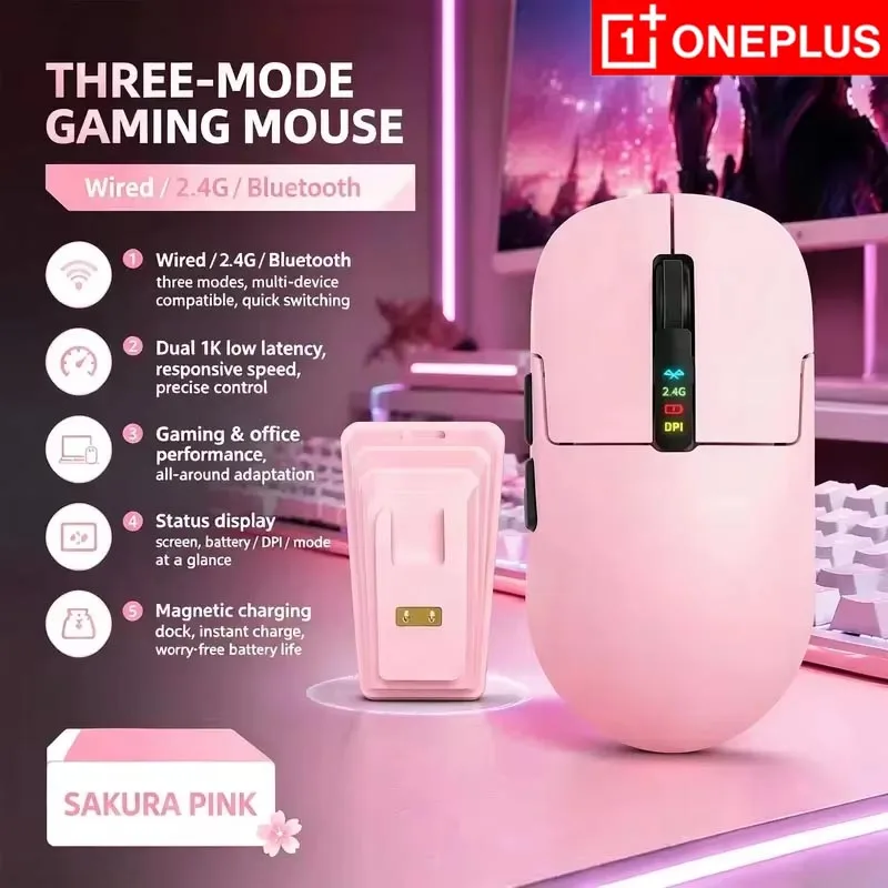 Oneplus New Gaming Mouse with 3 Modes Wired 2.4G Wireless Bluetooth for Office Use Rechargeable with Magnetic Charging Dock