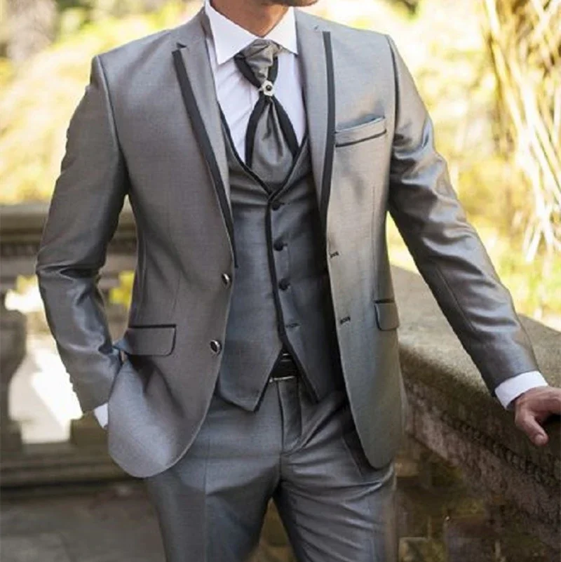 

Latest Coat Pant Designs Men Suits Wedding Groom Silver Shine Material 3 Pieces Wedding Suits For Men Tuxedo