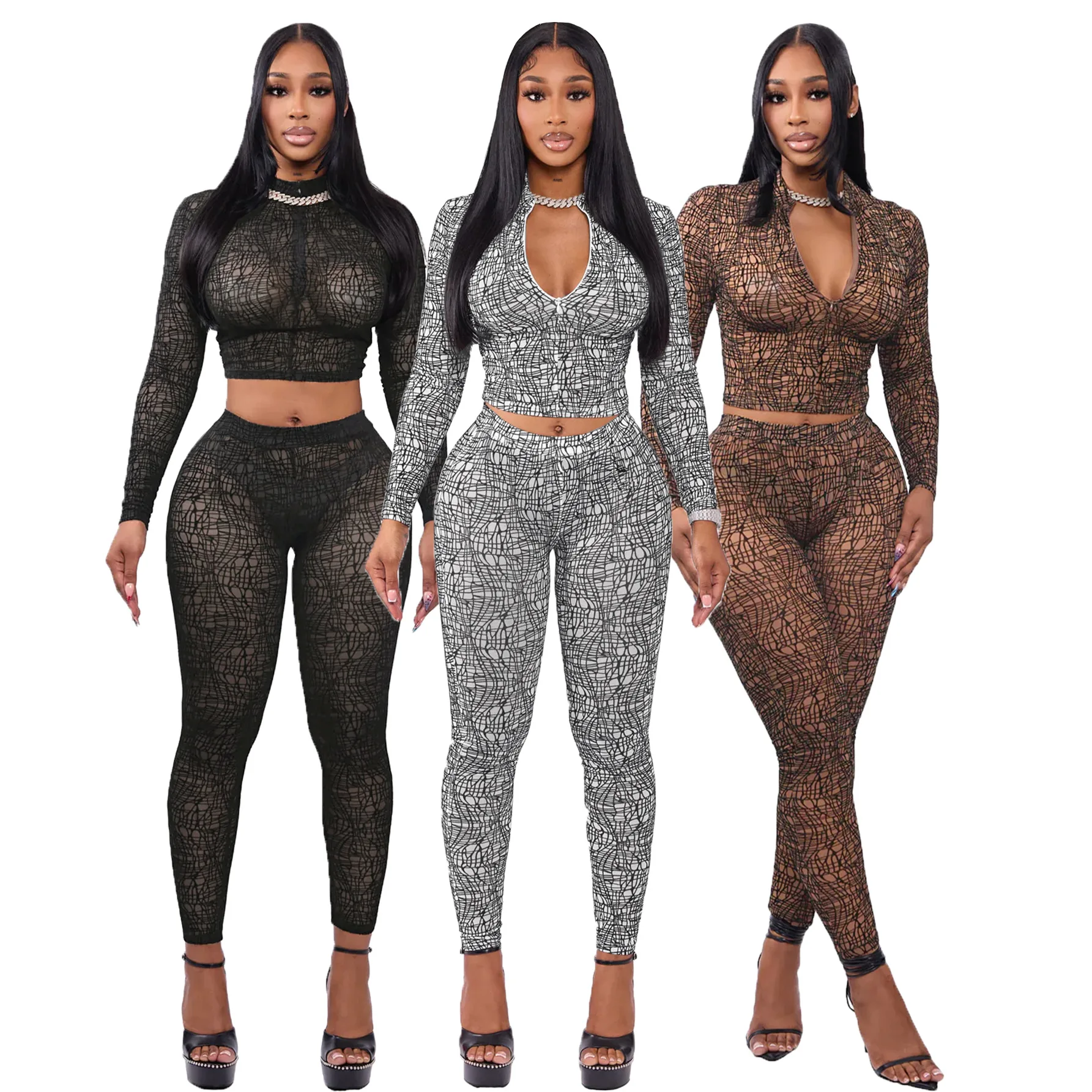 

BKLD Spring And Autumn Women's Sexy Spicy Girl Half High Collar Zipper Long Sleeve Crop Tops Tight Pants Two Piece Sets Outfit