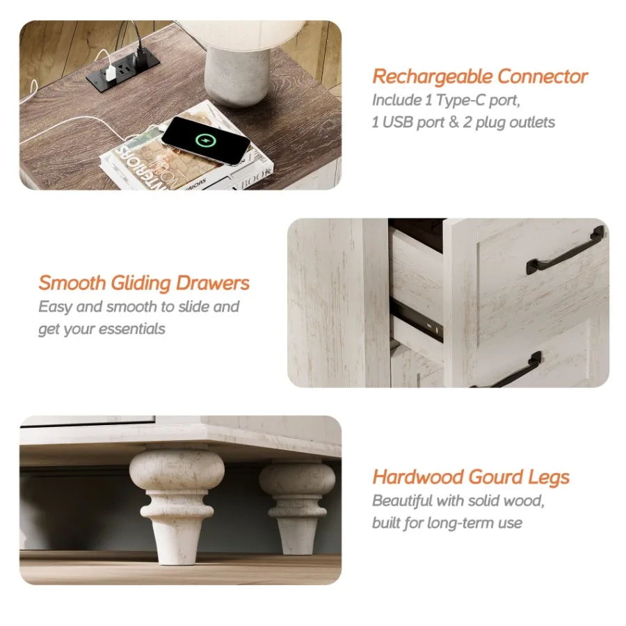 Antique White End Table with 2 Drawers Wooden Side Table Nightstand with Charging Station for Living Room and Bedroom view 5