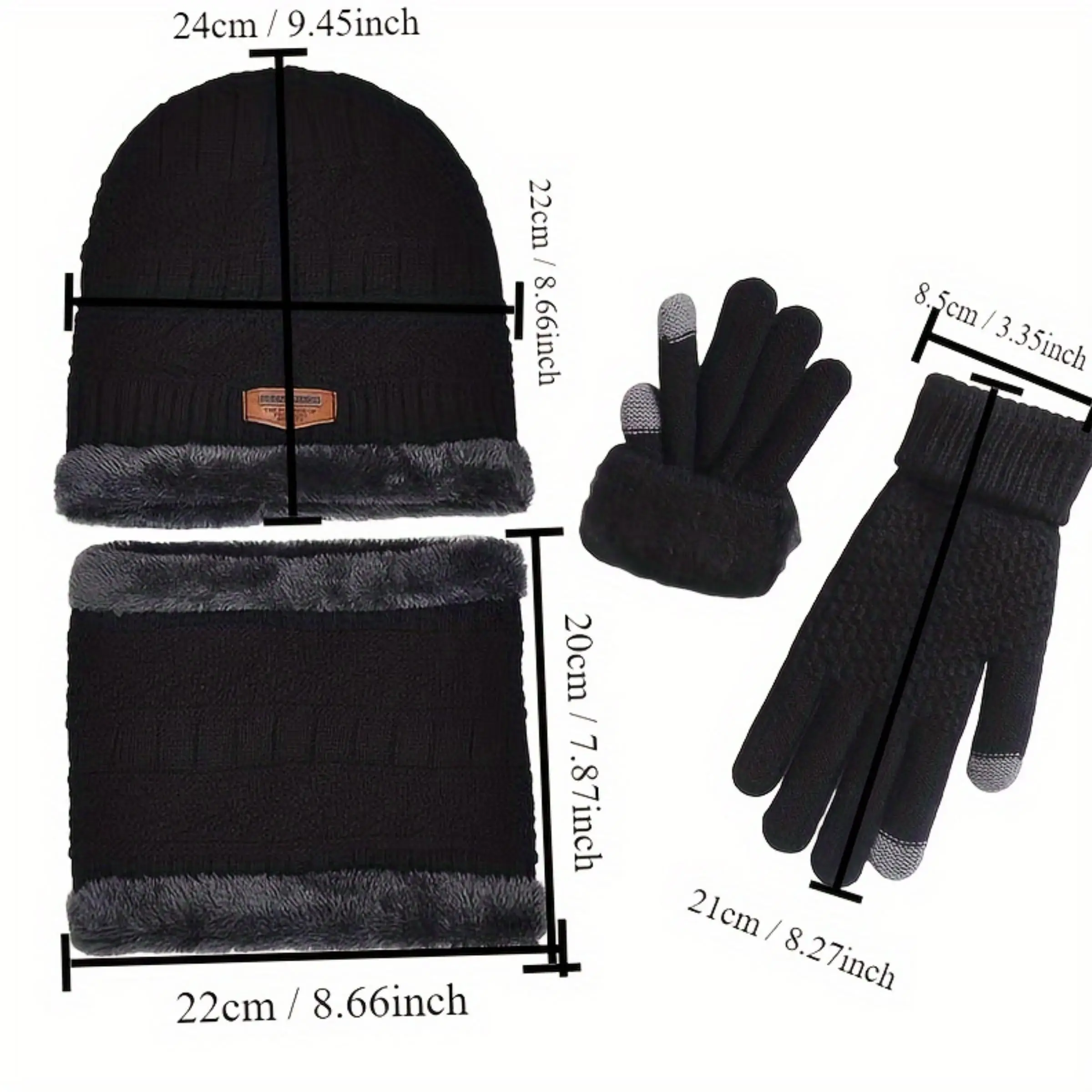 3-piece sleeve knitted hat&neck warmer and glove set, letter patch warm hat and wool collar warm scarf, and winter men's and wom