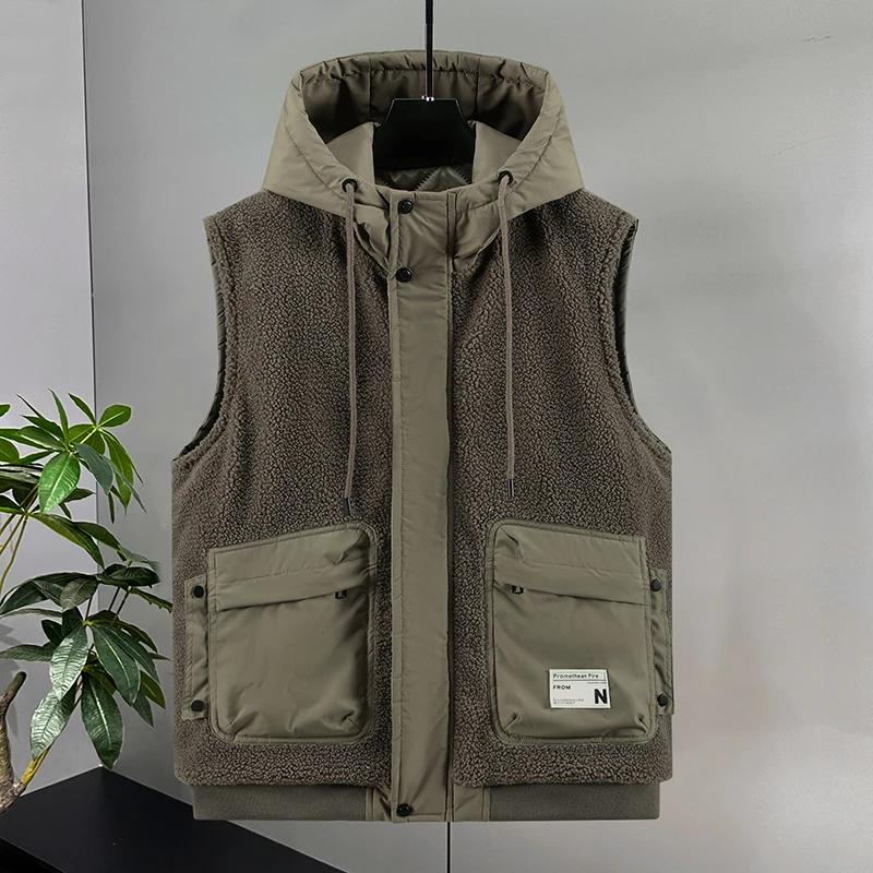 

Thiened Particle Fce Hooded Vest for Teenage Boys Warm Faionable Student Cotton Vest Jaet Stand Fit Winter Outerwear