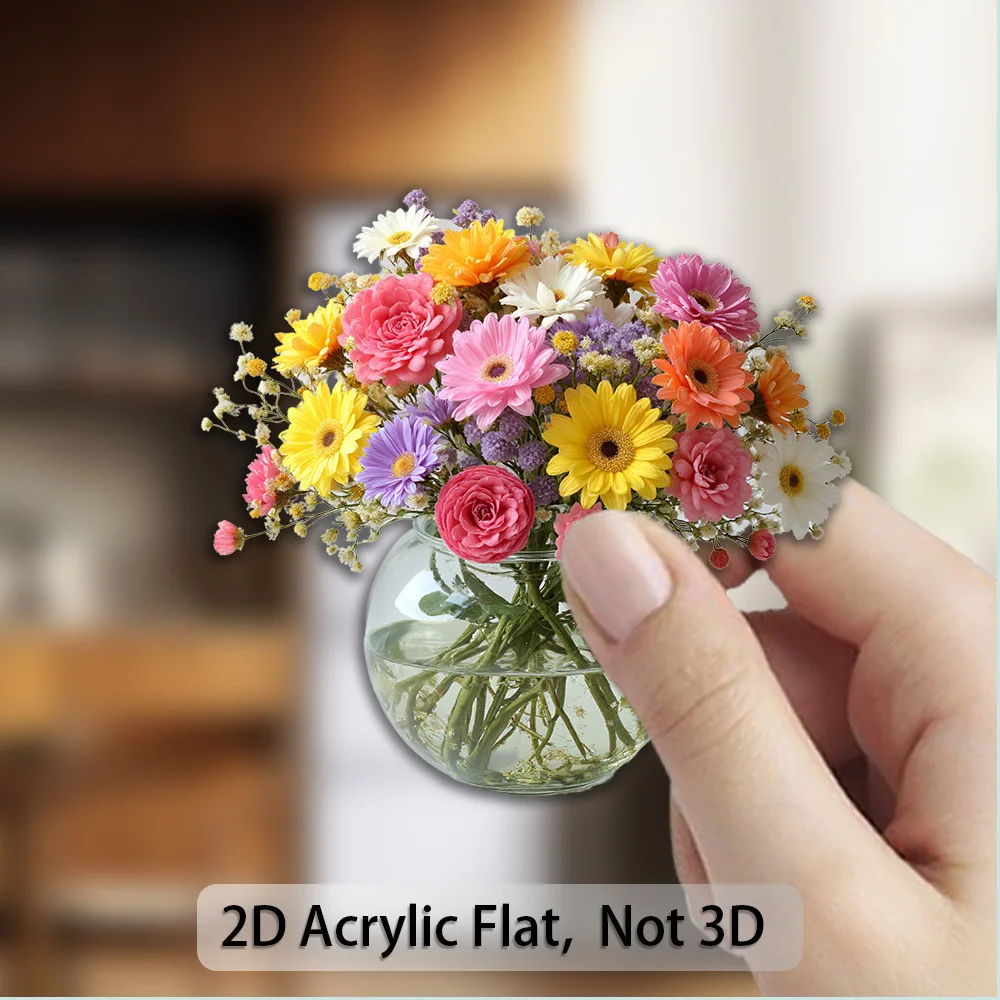 2pcs 2D Flat Fridge Magnet,Vibrant Floral Bliss Round Glass Vase with Colorful Daisies & Wildflowers,for Fridge & Kitchen Decor