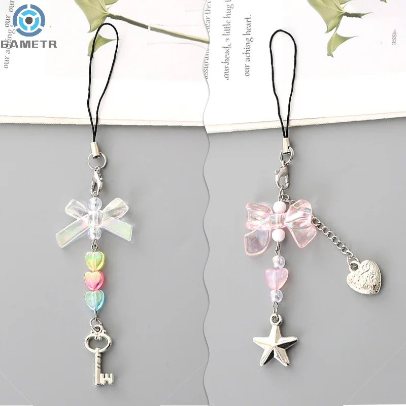 Creative Phone Charm Bow Keychain Pendant Kawaii Bag Decoration For Women Girls Exquisite Beaded Strap Lanyard Keychain Gifts