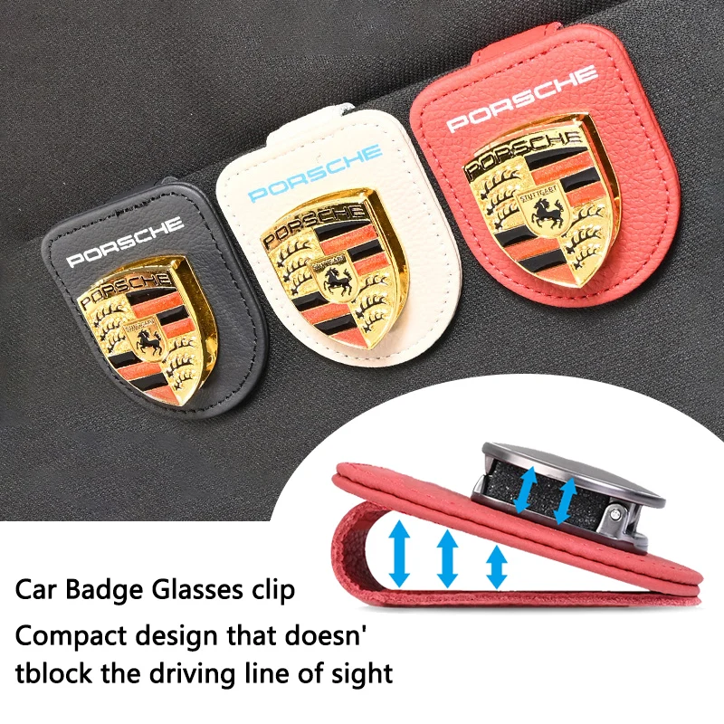 Car Emblems Sunglasses Clip Holder Magnetic Leather Car Sunshade Clip For Porsche 911 Pajun Cayenne Cayman Panamera Macan Taycan