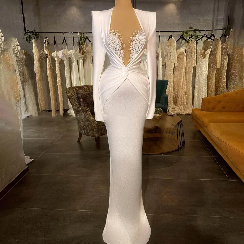 

Luxurious evening dress white Pearls Long sleeve Sugar Satin Mermaid Dubai Arab Women Celebrity party dress vestidos de noche