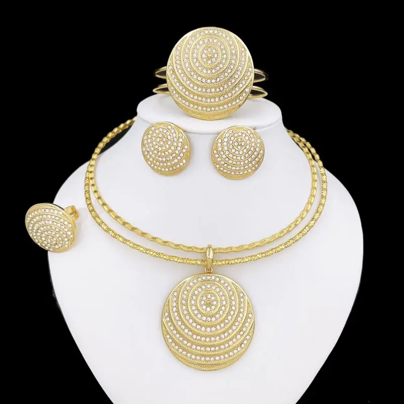 

Women Gold Plated Choker Set Round Pendant Earrings Bracelet And Ring Brazi Jewelry Set Luxury Design Party Jewelry Trending