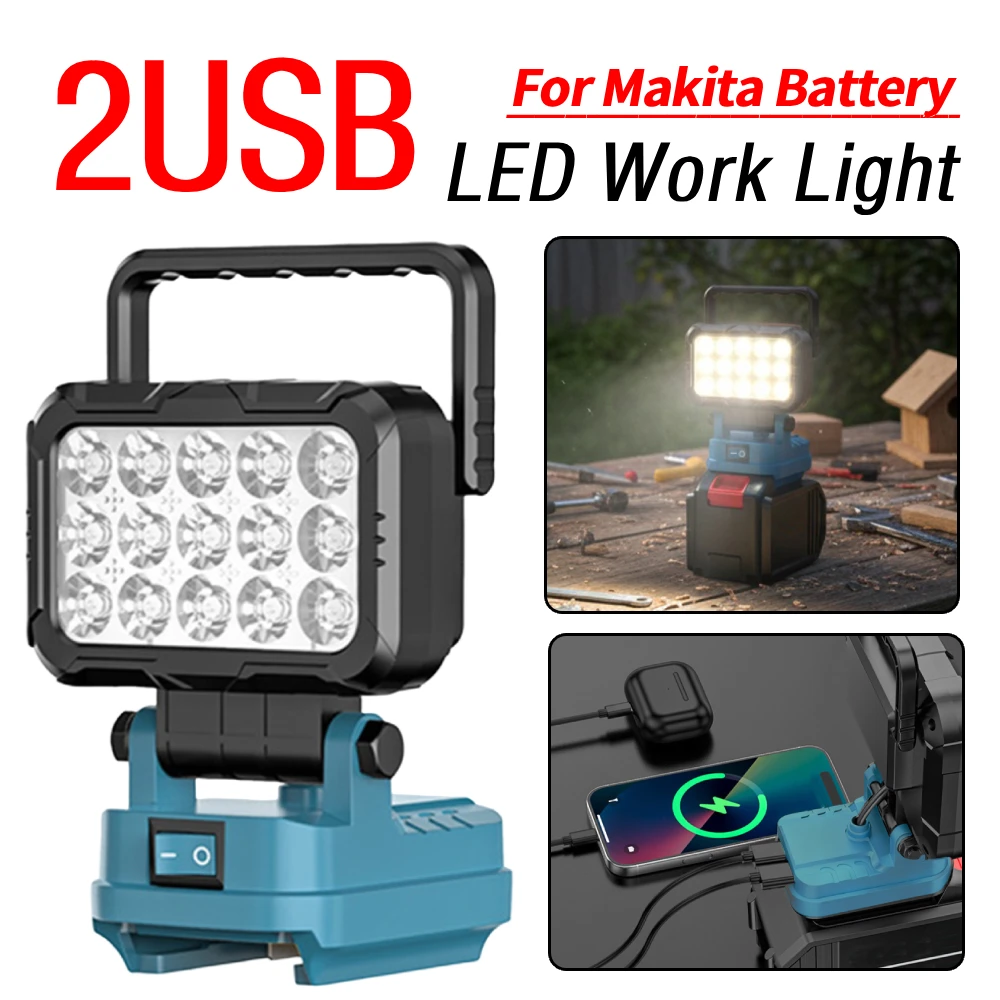 

Светодиодный рабочий фонарь с 2 USB-портами для зарядки для аккумулятора Makita, фонарик, портативный фонарь, аккумулятор НЕ входит в комплект