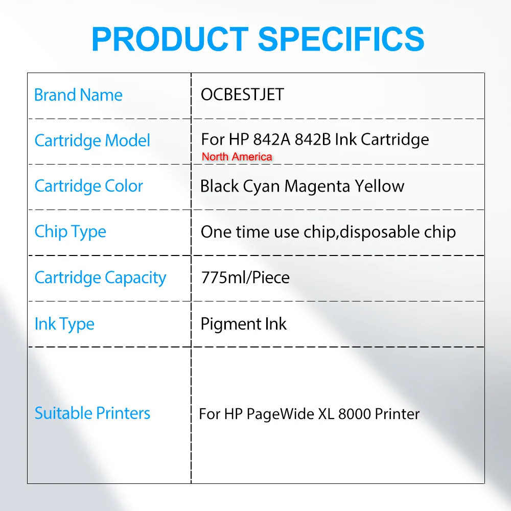 For HP 842B 842A Compatible Ink Cartridge For HP PageWide XL 8000 Printer Full Pigment Ink Stable One time Chip 775ml/PC