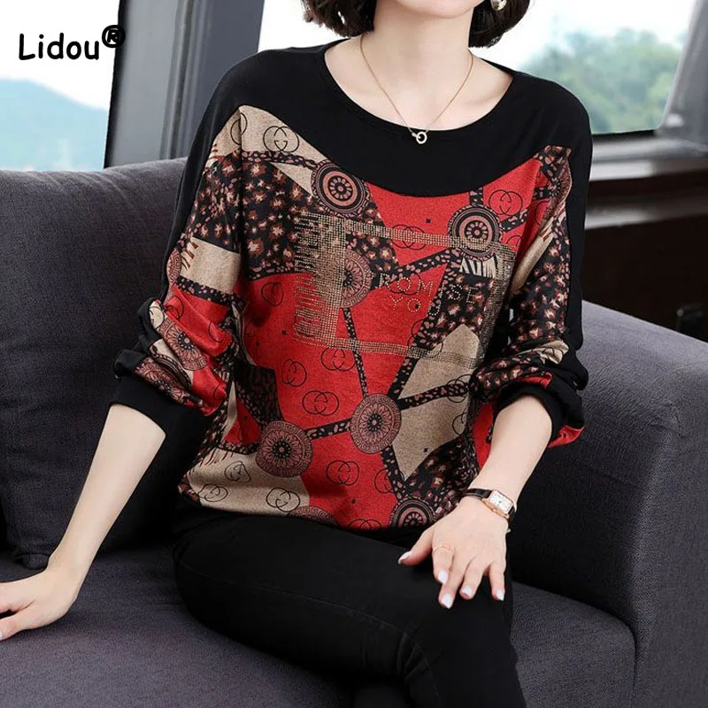 Primavera outono moda feminina solta retalhos impressão camiseta roupas femininas all-match vintage manga longa em torno do pescoço topos