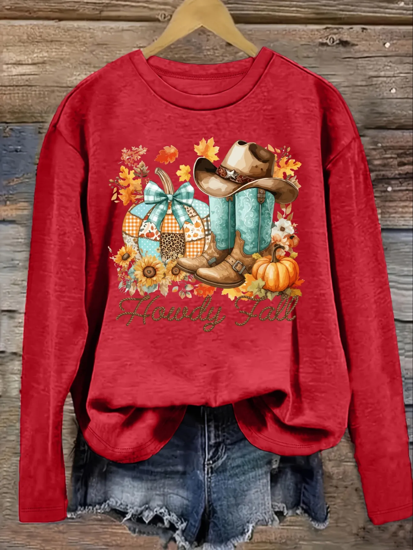 Women's Casual Long Sleeve Crew Neck T-Shirt Howdy Fall Cowboy Boots Pumpkins Design, Round Neck Women's Clothing, Machine Washable, Slightly Elastic, Loose Fit, Spring Autumn Winter Women's T-Shirt, Halloween Costume Outfit view 4