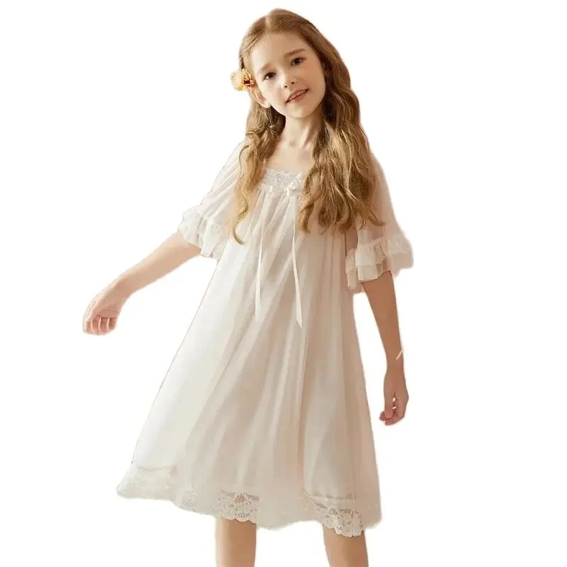Summer Thin Girls Nightdress Middle and Large Children Nightgown Princess Style Lace nightdress Knee-length Baby Nightdress
