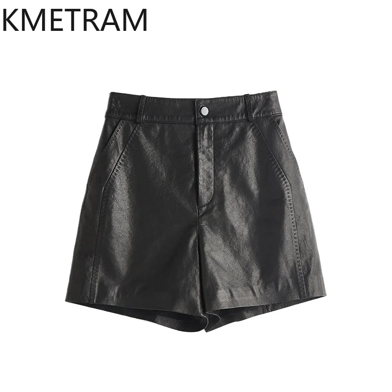 KMETRAM Full Vegetable Tanned Sheepskin Women's Shorts High Waist Genuine Leather Shorts Straight Shorts for Woman Trousers 바지