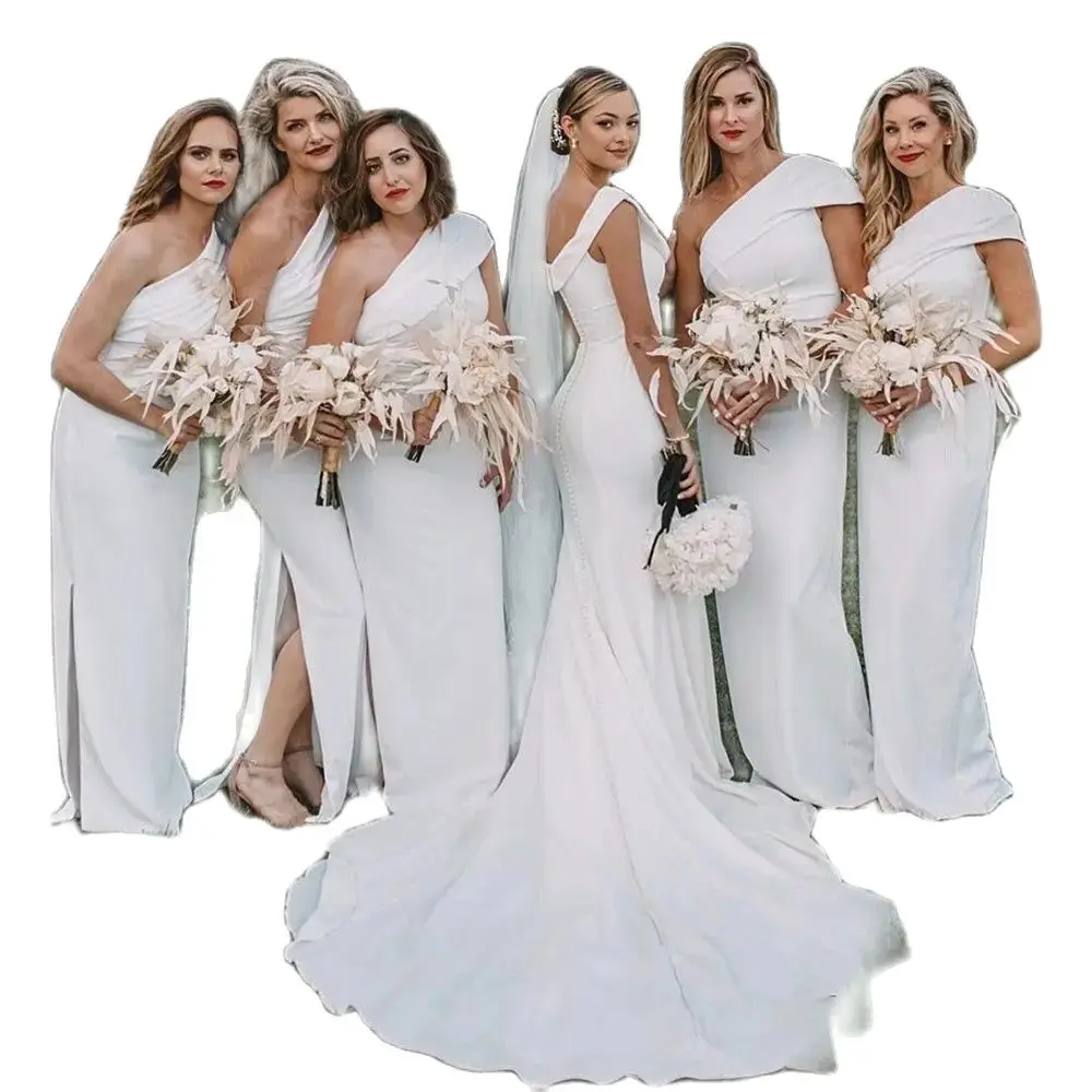 White Elegant One-Shoulder Solid Sheath Gowns Simple Bridesmaid Dresses Pleat Floor Length Side Split Robe Wedding Party Dress