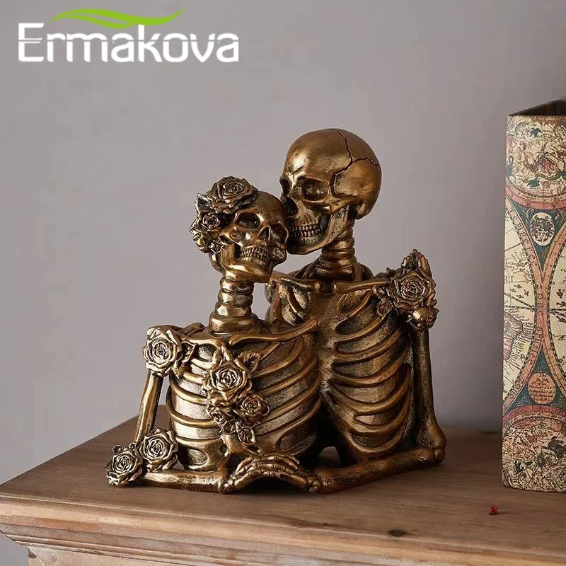 ERMAKOVA Retro Skull Couple Halloween Decoration Home Decor Skeleton Storage Ornaments Sculpture Statue New Room Office Study