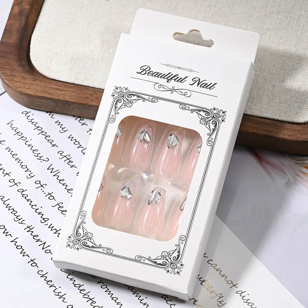 24 Uds. De uñas postizas de estilo francés rosa con diamantes de imitación, ataúd medio brillante, prensa en uñas, brillo, uñas postizas reutilizables, manicura * ^
