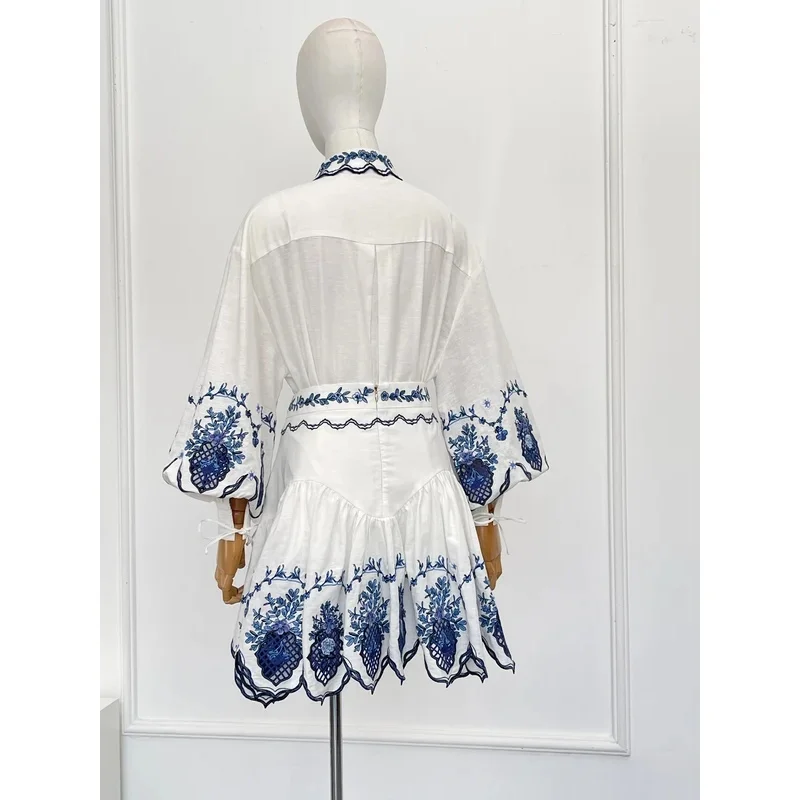 2025 New Fashion White Hollow Embroidery Long Sleeve Blouse Top and Mini Skirt Set