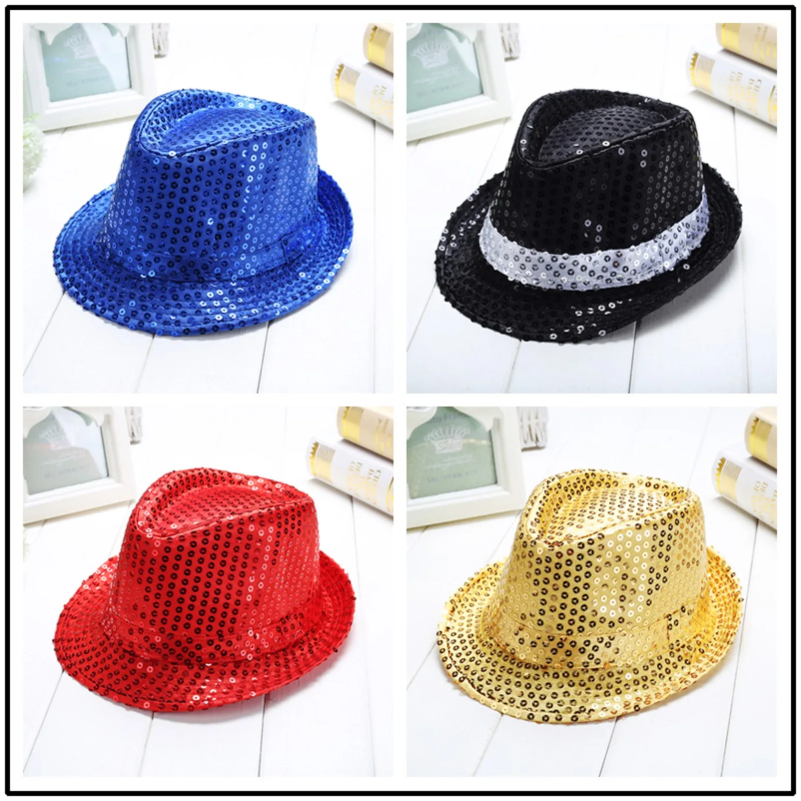 Jazz Hat Glitter SequinsRole Play Prop Performance Costume Women Men Shiny Beading Hats Dance Show Party Hip Hop