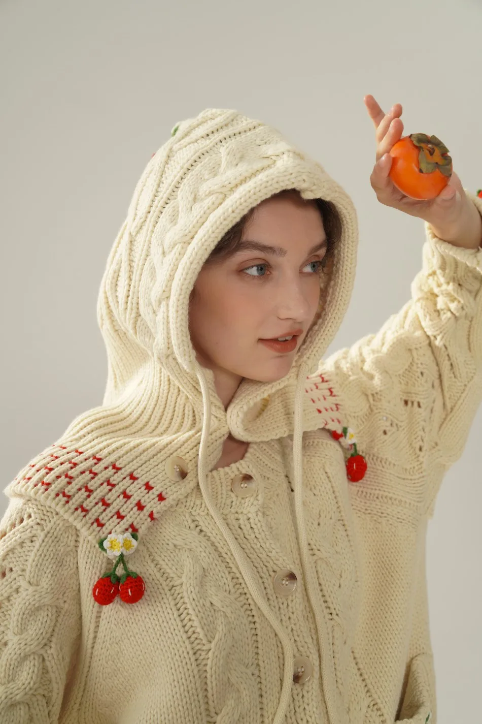 112cm Bust Fall Winter Cardigans Sweaters Women Elegant Loose Handmade 3D Red Fruits Thick Warm Wool Hooded Knitted Sweaters