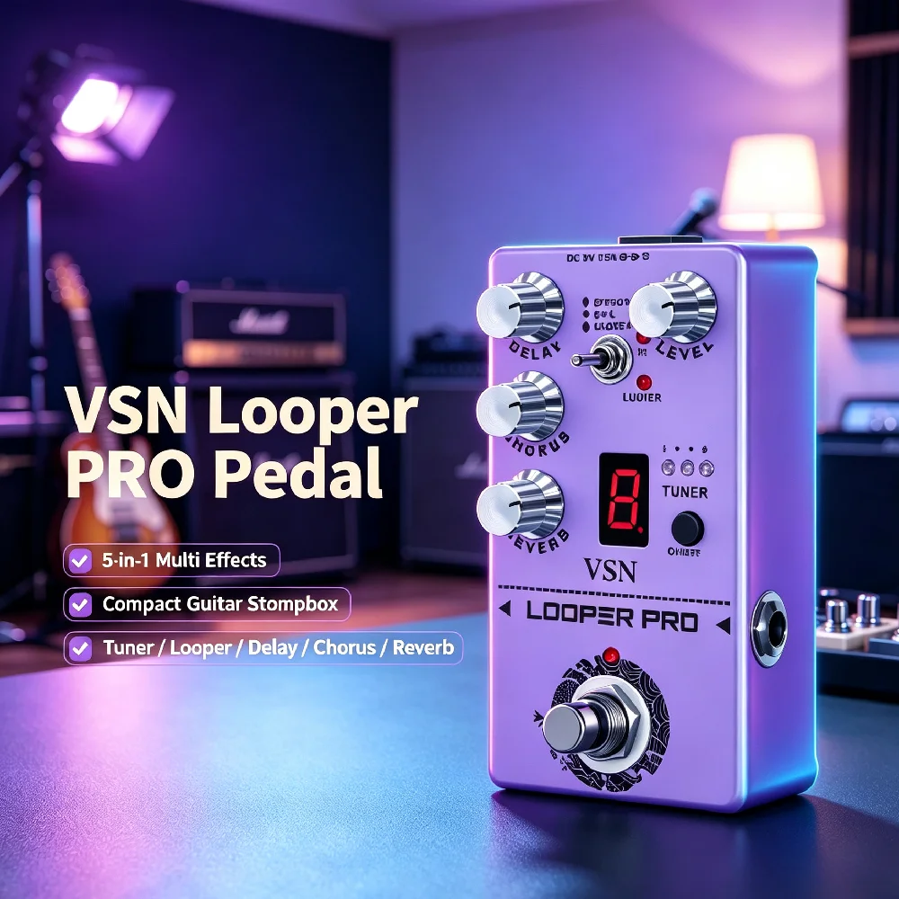 VSN Looper PRO Guitar Multi Effects Pedal 5‑in‑1 Compact Stompbox with Tuner, Looper, Delay, Chorus & Reverb DC 9V Bass Effector