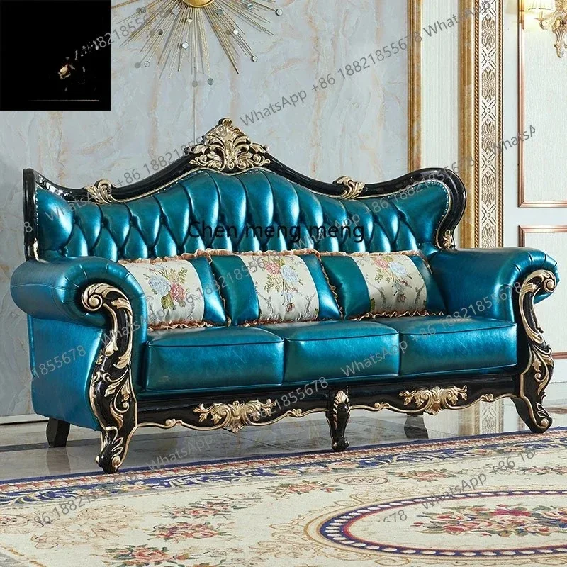 

European sofa leather full solid wood carving flower 123 combination light luxury large and small apartment furniture